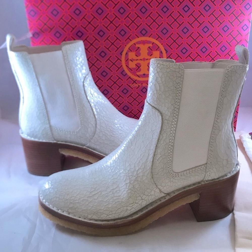 Tory Burch White Leather Ankle Chelsea Boots Combat Winter Boots